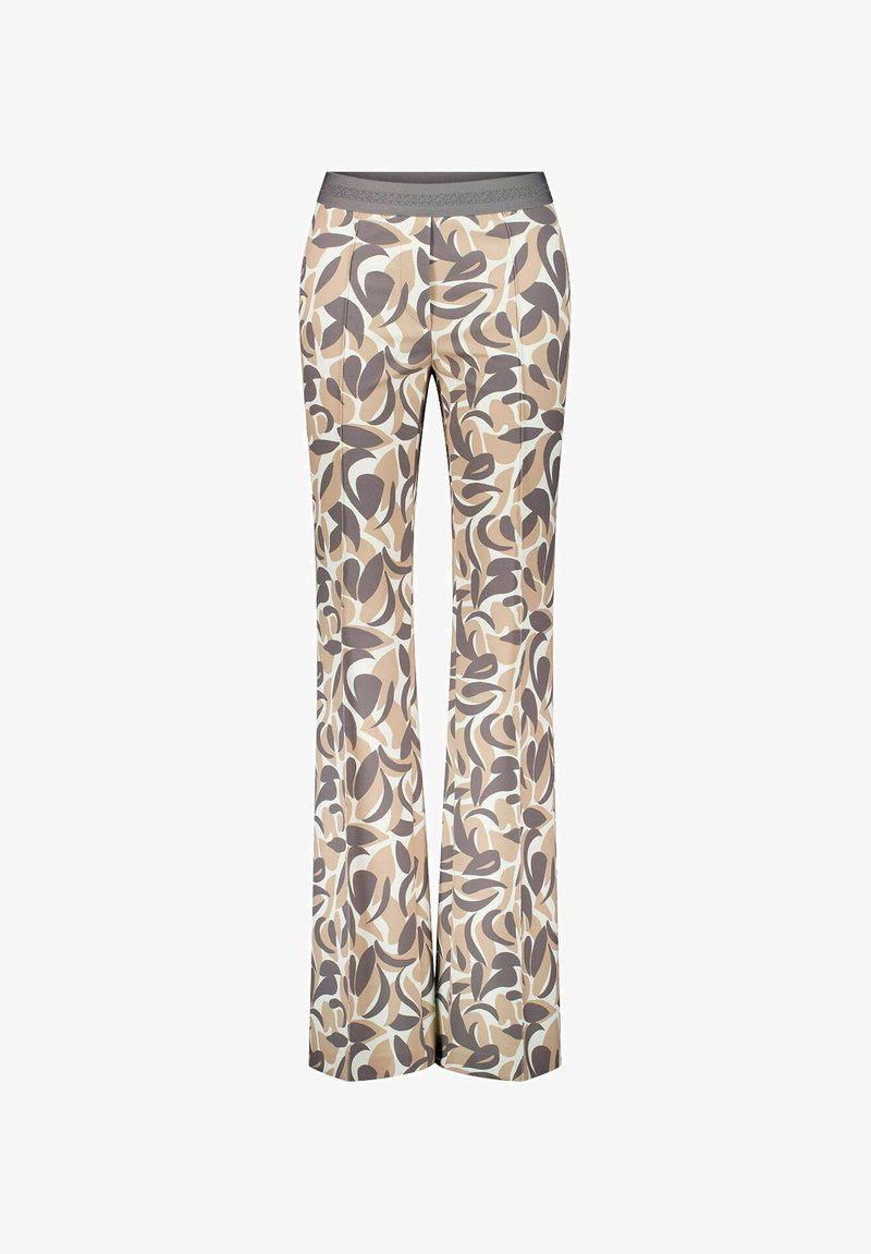 Beige en taupe wijde broek met hoge taille, abstract bladmotief en elastische tailleband.