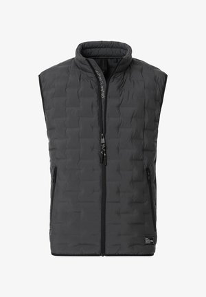 Izolowana czarna kamizelka z pikowanym wzorem, wysokim kołnierzem, zapięciem na zamek z przodu i dwoma bocznymi kieszeniami. Posiada subtelną markę na dolnym brzegu.