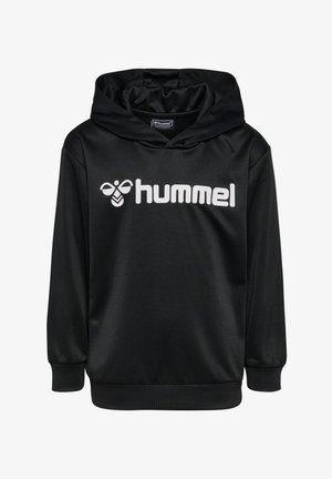 Schwarzer Hoodie aus glattem Stoff mit einem großen weißen "hummel"-Logo auf der Vorderseite, einem geräumigen Kapuzen und gerippten Bündchen.