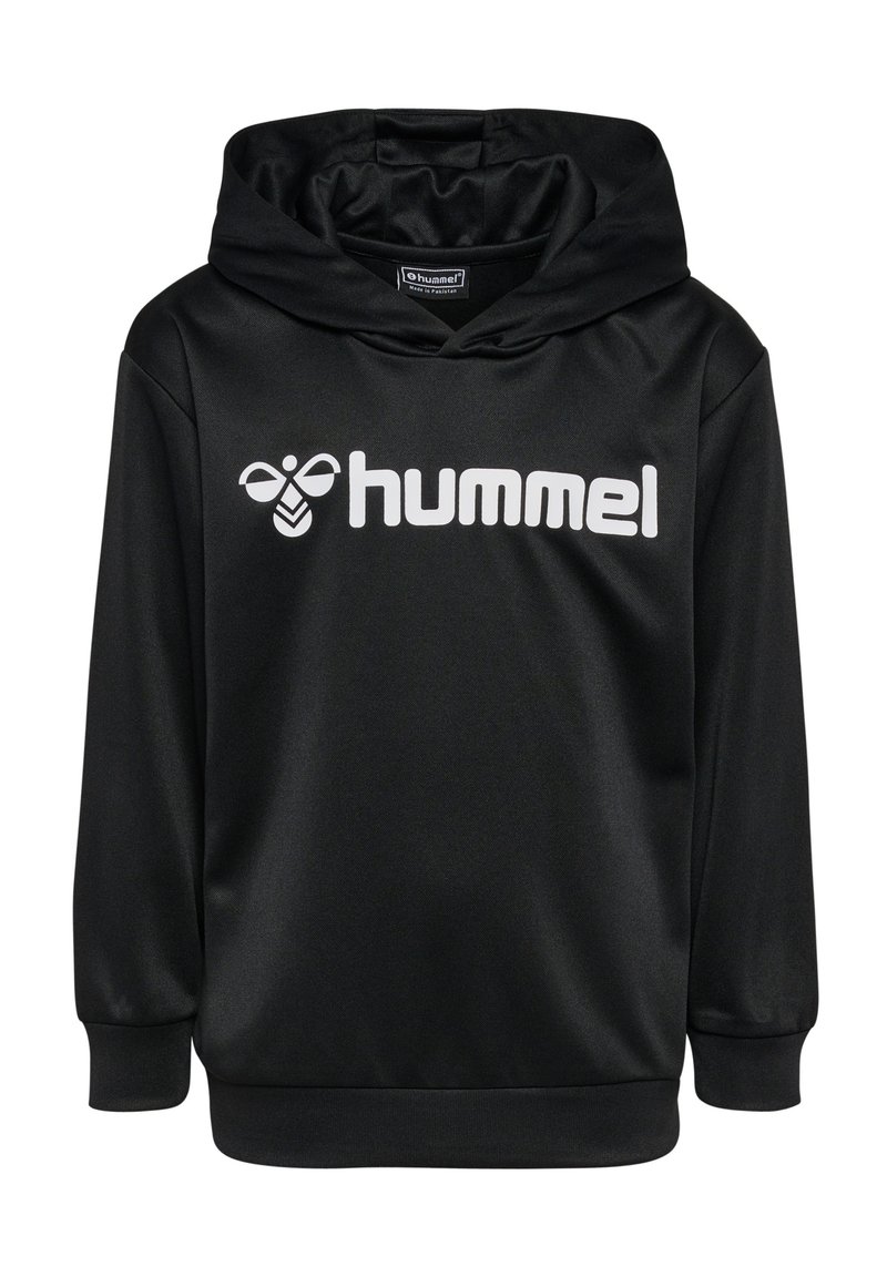 Schwarzer Hoodie aus glattem Stoff mit einem großen weißen "hummel"-Logo auf der Vorderseite, einem geräumigen Kapuzen und gerippten Bündchen.