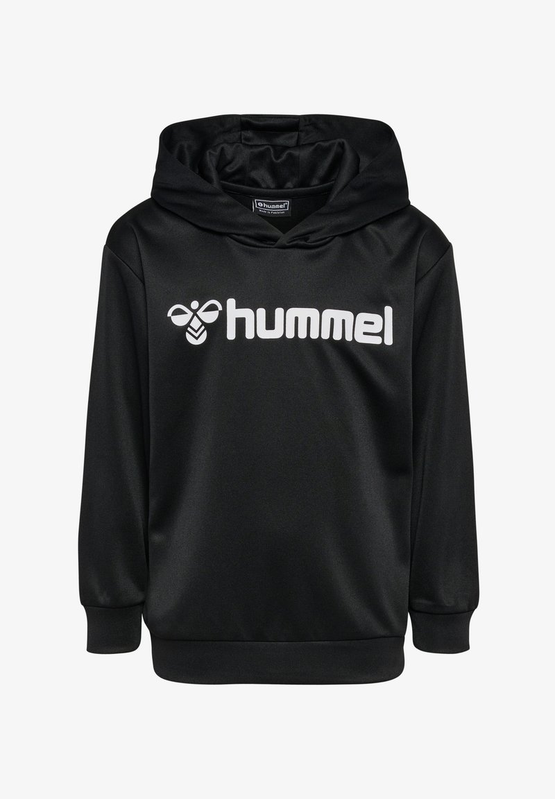 Μαύρη κουκούλα από λείο ύφασμα με μεγάλο λευκό λογότυπο "hummel" μπροστά, με ευρύχωρη κουκούλα και ριμπ μανσέτες.