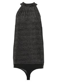 Musta hihaton toppi, jossa on teksturoitu, kimaltava kangas. Siinä on korkea kaulus ja vartalonmyötäinen bodysuit-pohja. Vyötäröllä sileä helma.