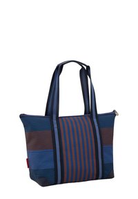 Tote bag with blue and brown horizontal stripes, featuring two sturdy handles and a zip closure. Made of durable fabric with a smooth texture.