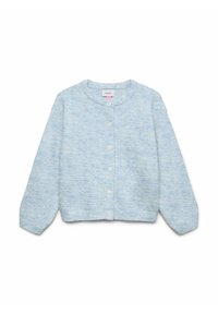 Šviesiai mėlynas, tekstūruotas kardiganas su apvalia iškirpte, ilgomis rankovėmis ir šešiais baltais mygtukais priekyje. Minkšta, megzta medžiaga.