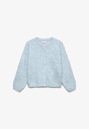 Ljusblå, texturerad kofta med rund halsringning, långa ärmar och sex vita knappar på framsidan. Mjuk, stickad tyg.