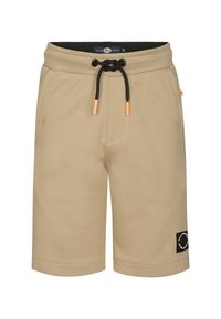 Beige sweatshorts med elastisk talje og sort snøre, med orange accenter og en sideslogo-patch. Glat stoftekstur.
