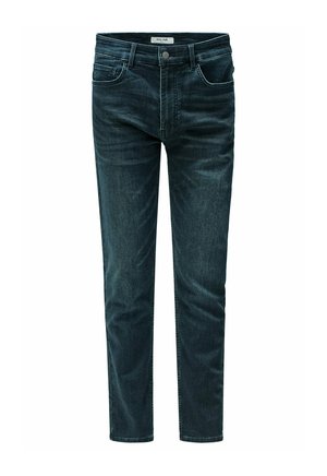 Jeans de mezclilla azul oscuro con un corte recto, cinco bolsillos y una cremallera. Presentan un ligero desgaste y un diseño clásico.