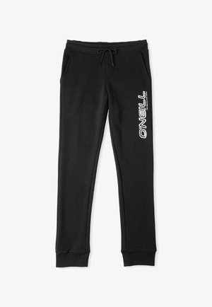 Czarne dresy z elastycznym paskiem, dodatkowym sznurkiem, bocznymi kieszeniami oraz białym nadrukiem na lewej nogawce. Miękka, dziana tkanina.