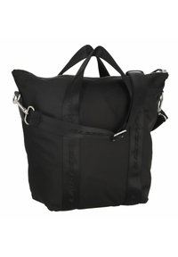 Sac fourre-tout noir avec deux poignées courtes, une bandoulière amovible, une fermeture éclair argentée et des attaches métalliques sur fond blanc.