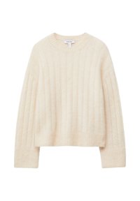 Cremfarbener gestrickter Pullover mit gerippter Textur, Rundhalsausschnitt, langen Ärmeln und cropped Schnitt. Weiches Material mit minimalen Details.