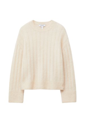 Cream-colored knitted sweater with a ribbed texture, round neckline, long sleeves, and a cropped cut. Soft material with minimal detailing.