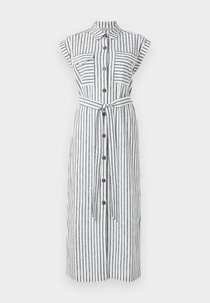 Striped linen dress with short sleeves, a collared neckline, front pockets, a button-down closure, and a self-tie belt at the waist.
