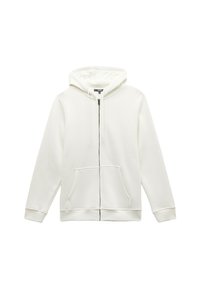 Witte zip-up hoodie van zachte stof, met een capuchon, twee voorkruizen en een trekkoord. Ribgebreide manchetten en zoom; minimalistisch ontwerp.