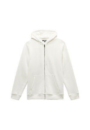 Weißer Zip-Hoodie aus weichem Stoff, mit einer Kapuze, zwei vorderen Taschen und Kordelzügen. Gerippte Bündchen und Saum; minimalistisches Design.