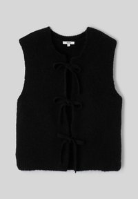 Veste tricotée noire sans manches avec trois fermetures avant à nouer et un col rond.