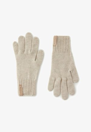 Beige gestrickte Handschuhe aus weichem Garn, mit gerippten Bündchen und einem Etikett. Gefertigt mit einzelnen Fingern für Geschicklichkeit.