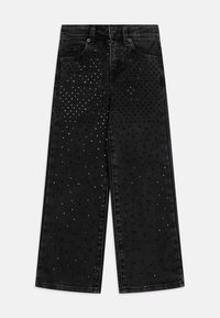 Jeans de denim negro de pierna ancha con brillantes plateados dispersos de varios tamaños, con un diseño clásico de cinco bolsillos y cierre de botón.