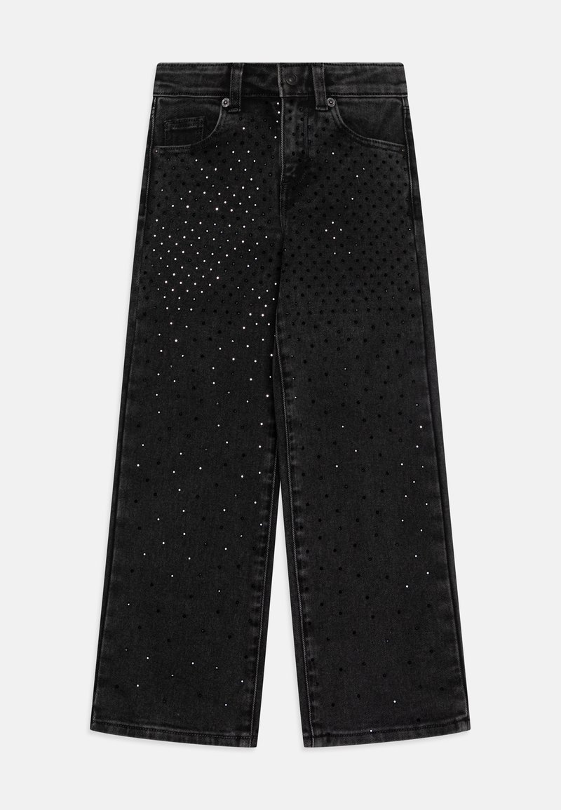 Jeans de denim negro de pierna ancha con brillantes plateados dispersos de varios tamaños, con un diseño clásico de cinco bolsillos y cierre de botón.