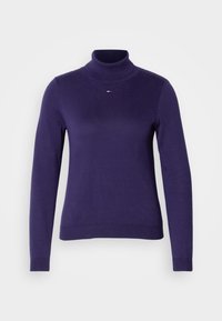 Fioletowy sweter z golfem, wykonany z gładkiego, elastycznego materiału. Posiada długie rękawy i ribbowe wykończenie, z małym logo w trzech kolorach na piersi.