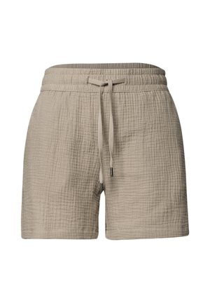 Short beige en tissu texturé avec taille élastique et cordon noué à l'avant, conçu pour un usage décontracté.