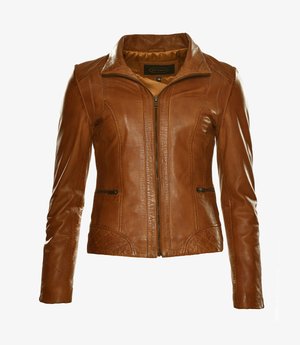 Braune Lederjacke mit strukturiertem Kragen, Frontreißverschluss und zwei seitlichen Reißverschlusstaschen. Besitzt strukturierte Einsätze an den Schultern und Seiten.