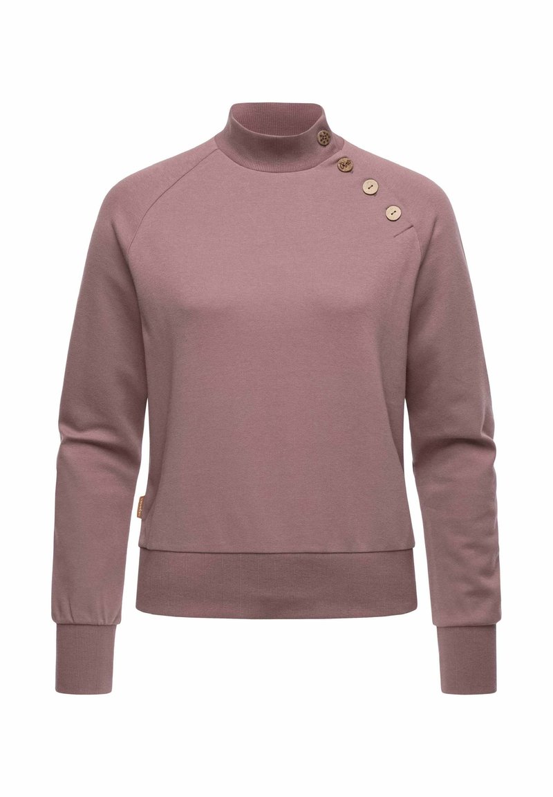 Pullover in malva con colletto alto, caratterizzato da quattro bottoni sulla spalla sinistra. Realizzato in un materiale morbido con un design aderente e polsini a coste.