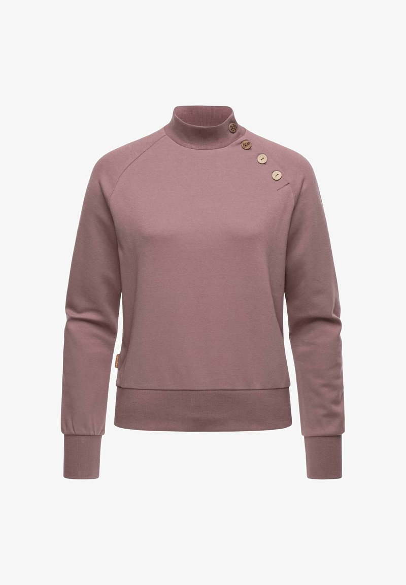 Mauve pulovr s vysokým límcem, se čtyřmi knoflíky na levém rameni. Vyrobený z měkkého materiálu s přiléhavým střihem a žebrovanými manžetami.