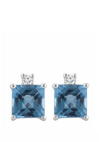 Mėlynos kvadratinės brangakmenių auskarai su mažais apvaliais skaidriais akcentiniais akmenimis, įtvirtinti sidabro metale, turintys letenėlių tvirtinimą ir poliruotą paviršių.