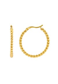Orecchini ad anello attorcigliato in tono oro con chiusura a scatto sicura. Design rotondo e liscio con una finitura lucida.