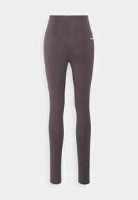 Legginsy o wysokim stanie, dopasowane do figury, w ciemnym brązie, wykonane z gładkiego, elastycznego materiału. Posiadają minimalne logo z tyłu.