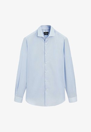 Světle modrá košile s dlouhým rukávem a knoflíkovým zapínáním, s špičatým límcem, přední légou a manžetami na dva knoflíky, vyrobená z hladkého materiálu.