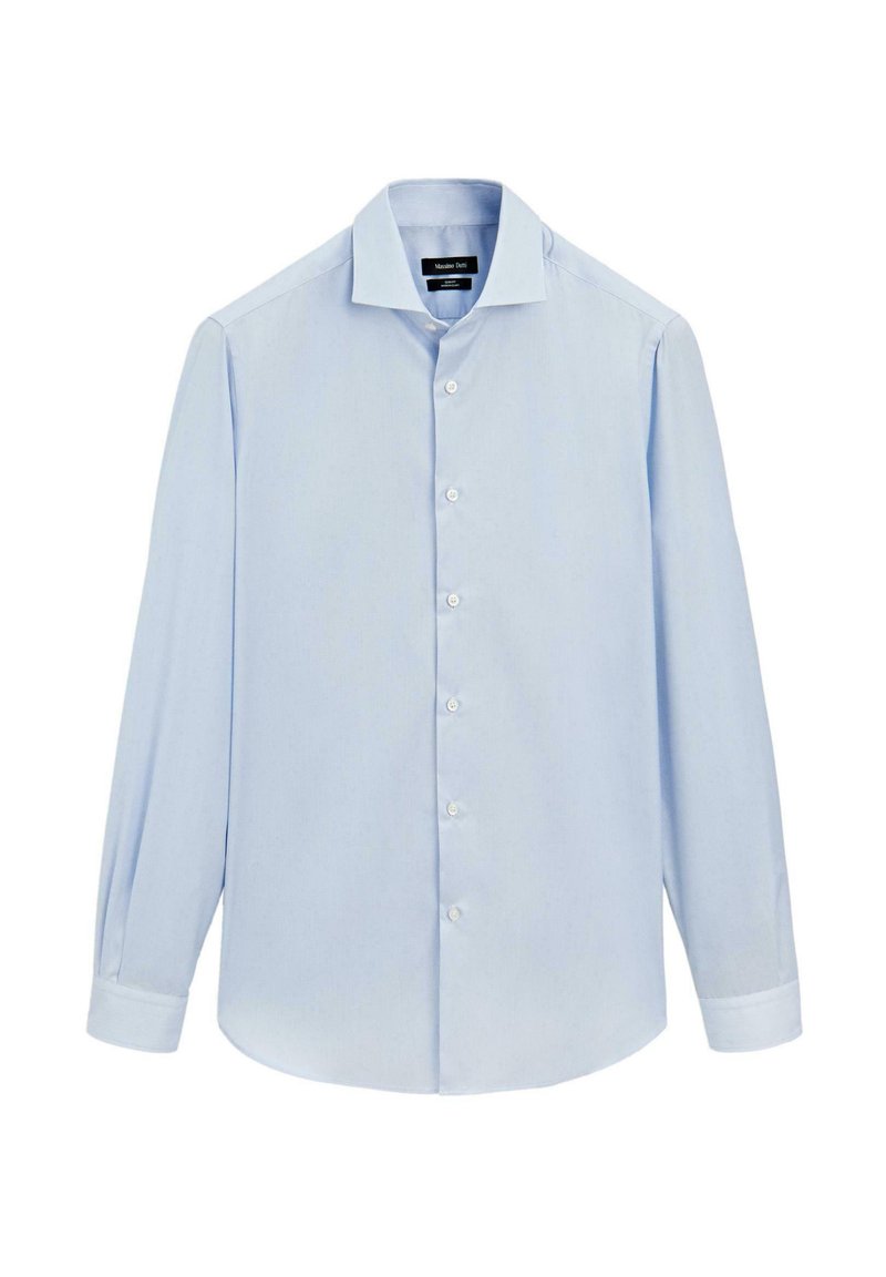 Světle modrá košile s dlouhým rukávem a knoflíkovým zapínáním, s špičatým límcem, přední légou a manžetami na dva knoflíky, vyrobená z hladkého materiálu.