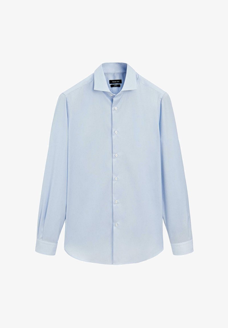 Světle modrá košile s dlouhým rukávem a knoflíkovým zapínáním, s špičatým límcem, přední légou a manžetami na dva knoflíky, vyrobená z hladkého materiálu.