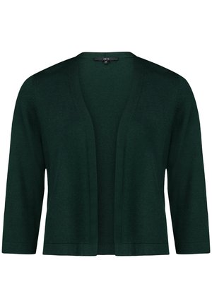 Cardigan vert foncé ouvert sur le devant, manches trois-quarts, en tissu tricoté doux.