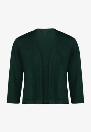 Cardigan vert foncé ouvert sur le devant, manches trois-quarts, en tissu tricoté doux.