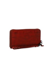 Rødt læderpung med lynlåslukning, forsynet med en håndledsrem og en glat tekstur. Mærkenavnet "Venezia" er præget foran.