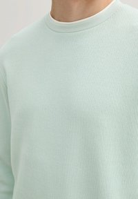 Mintgrüner, gerippter Sweatshirt mit Rundhalsausschnitt. Der Stoff hat eine weiche Textur, und das Design ist schlicht und schnörkellos.