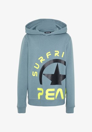 Blågrå hættetrøje med gul "SURFRI" tekst, sort stjerne grafik og delvis gul "PEA" tekst på forsiden.