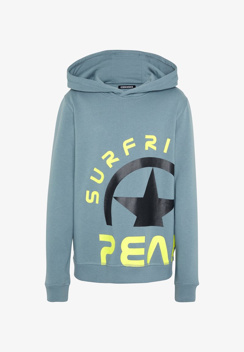 Sweat à capuche bleu-gris avec texte jaune "SURFRI", graphisme d'étoile noire et texte jaune partiel "PEA" sur le devant.