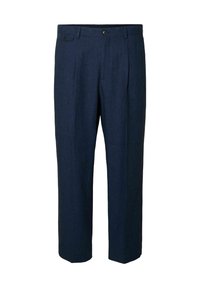 Pantalons en lin bleu marine à coupe droite, dotés de deux poches avant, de deux poches arrière et d'une fermeture à bouton unique à la taille.