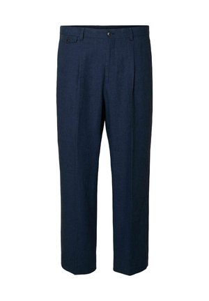 Pantaloni di lino blu navy con vestibilità dritta, dotati di due tasche frontali, due tasche posteriori e una chiusura con bottone singolo in vita.