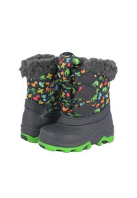 Bunte Kinder-Winterstiefel mit einem schwarzen Obermaterial, das mit Dinosaurier- und Blattmustern verziert ist, grauem Kunstfellfutter und grünen Gummisohlen.