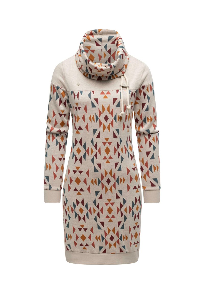 Beige jurk met lange mouwen en geometrische patronen in oranje, bordeaux en blauw, met een grote sjaalkraag en verstelbare koordjes.