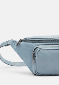 Borsa a fanny pack in pelle blu chiaro con un compartimento principale e una tasca frontale più piccola. Presenta una minuteria argentata e una superficie texture.