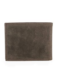 Billetera de ante marrón con forma rectangular, presentando bordes cosidos y una textura suave. Sin hardware ni adornos visibles.