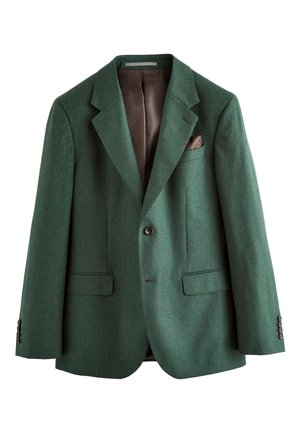 Blazer homme vert foncé avec fermeture à un bouton, revers crantés, deux poches avant à rabat et un carré de poche marron dans la poche poitrine.