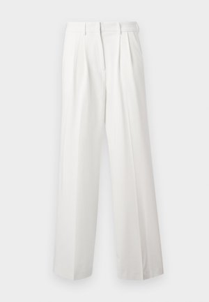 White, pleated trousers with a wide-leg design. Made of smooth fabric, featuring a tailored waistband and clean, straight hems.
