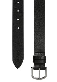Schwarzer Leder Gürtel mit strukturierter Oberfläche, ausgestattet mit einer silbernen Schnalle und mehreren Einstelllöchern entlang des Riemens.