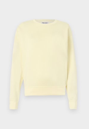 Gelbes Sweatshirt aus weichigem Stoff, mit Rundhalsausschnitt, langen Ärmeln und einem entspannten Schnitt, einschließlich gerippter Bündchen und Saum.