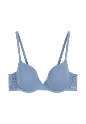 Soutien-gorge bleu clair avec armatures, bonnets rembourrés, bretelles ajustables et détails en dentelle sur le côté pour texture et contraste.